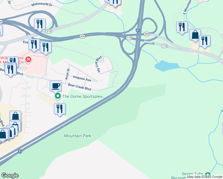 map of restaurants, bars, coffee shops, grocery stores, and more near 279 Bear Creek Boulevard in Wilkes-Barre