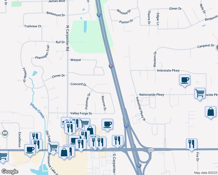 map of restaurants, bars, coffee shops, grocery stores, and more near 3240 Potomac Drive in Brunswick