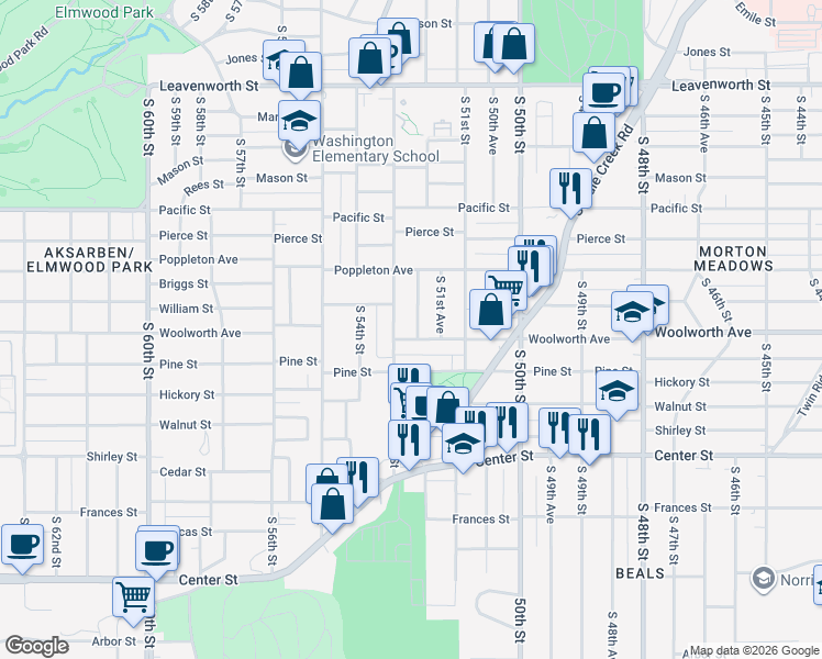 map of restaurants, bars, coffee shops, grocery stores, and more near 1339 South 52nd Avenue in Omaha