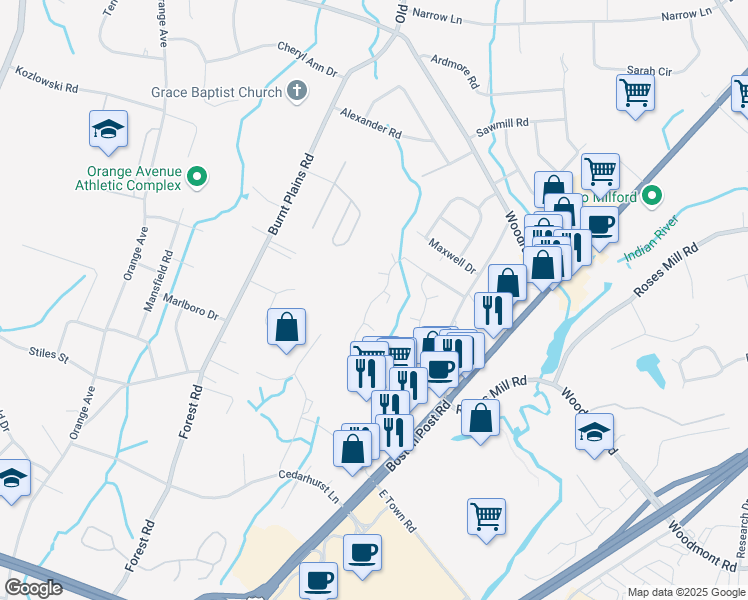 map of restaurants, bars, coffee shops, grocery stores, and more near 401 Swanson Crescent in Milford
