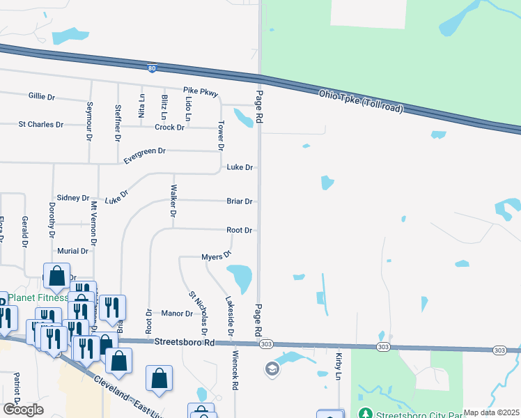map of restaurants, bars, coffee shops, grocery stores, and more near 9351 Page Road in Streetsboro