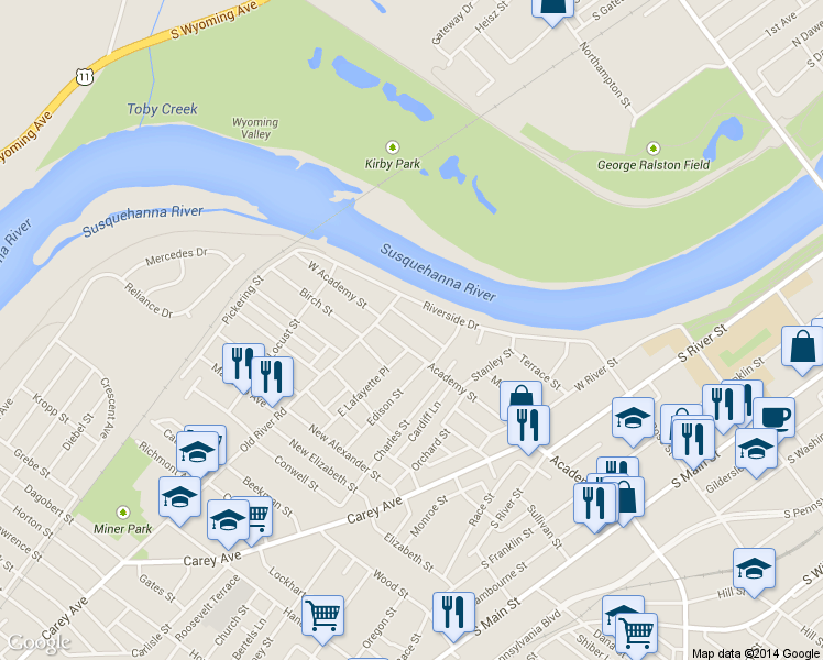 map of restaurants, bars, coffee shops, grocery stores, and more near 220-230 New Mallery Pl in Wilkes-Barre