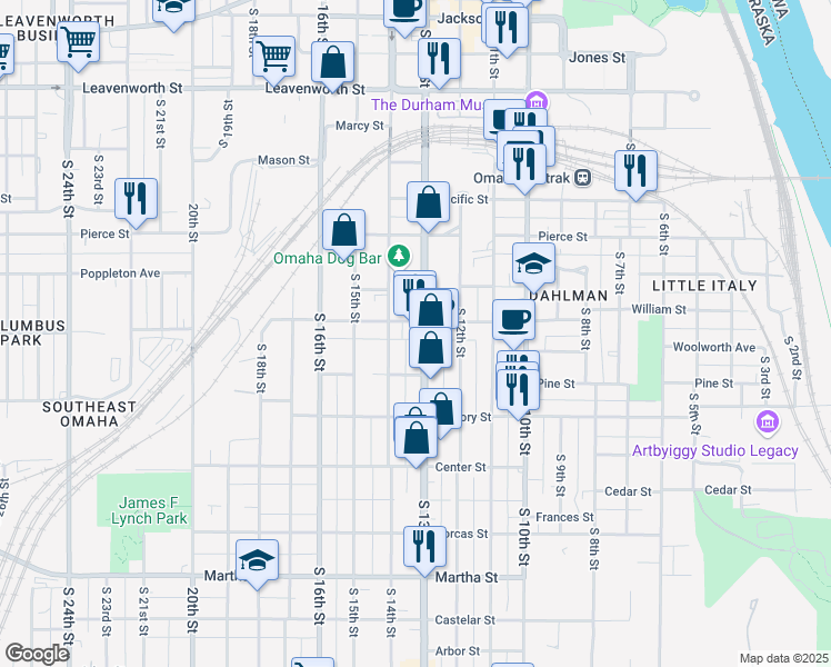 map of restaurants, bars, coffee shops, grocery stores, and more near 1317 William Street in Omaha