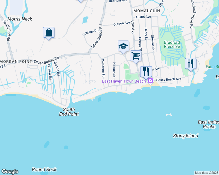 map of restaurants, bars, coffee shops, grocery stores, and more near 266 Cosey Beach Avenue in East Haven