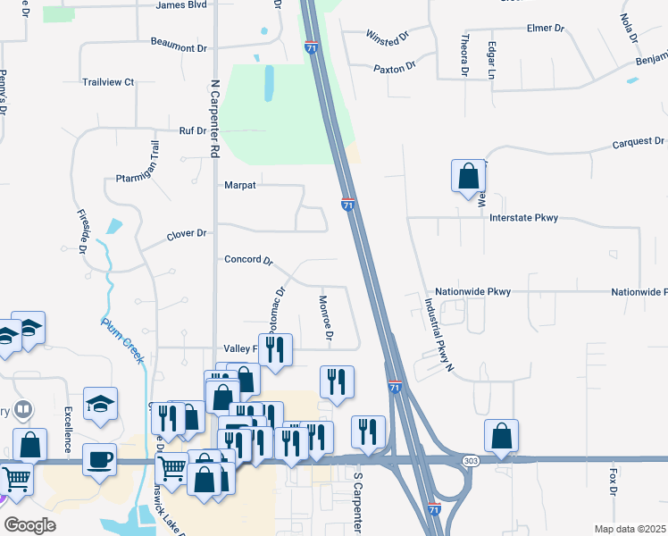 map of restaurants, bars, coffee shops, grocery stores, and more near 3240 Potomac Drive in Brunswick