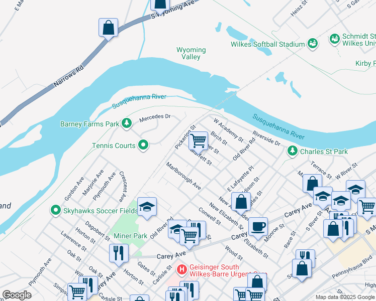 map of restaurants, bars, coffee shops, grocery stores, and more near 82 Maffett Street in Wilkes-Barre