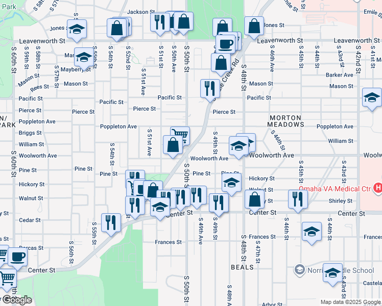 map of restaurants, bars, coffee shops, grocery stores, and more near 1419 South Saddle Creek Road in Omaha