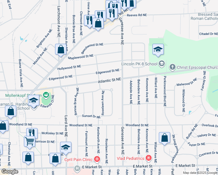map of restaurants, bars, coffee shops, grocery stores, and more near 1813 Westview Drive Northeast in Warren