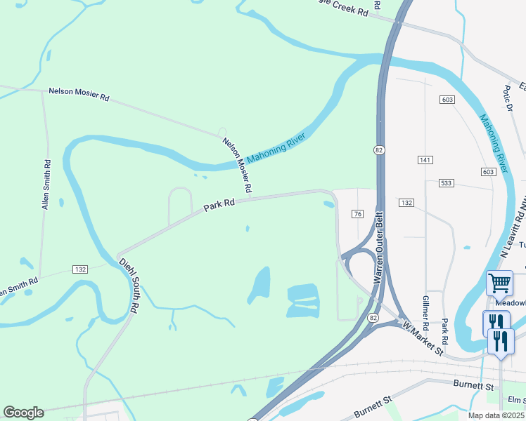 map of restaurants, bars, coffee shops, grocery stores, and more near 6085 Park Road in Leavittsburg