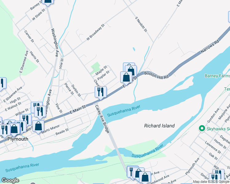 map of restaurants, bars, coffee shops, grocery stores, and more near 620 East Main Street in Larksville