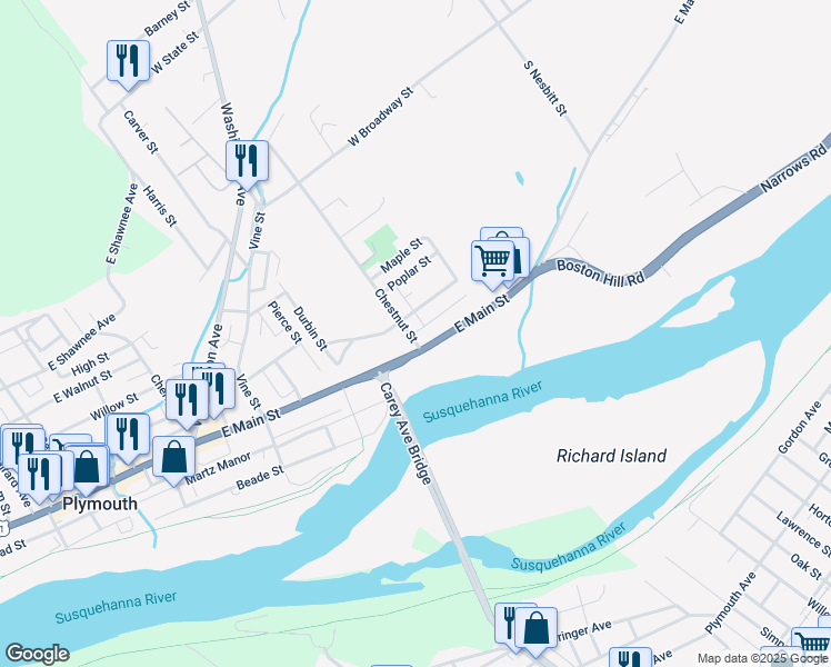 map of restaurants, bars, coffee shops, grocery stores, and more near 232 Chestnut St in Larksville