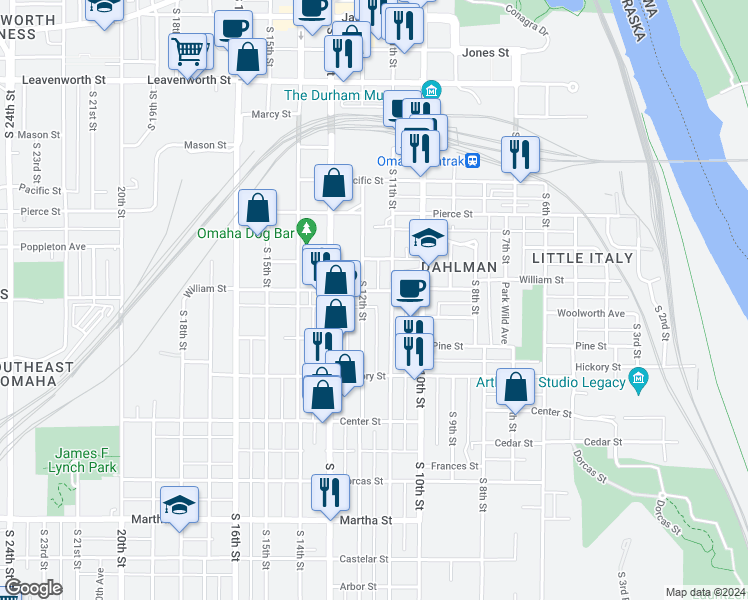 map of restaurants, bars, coffee shops, grocery stores, and more near 1105 William Street in Omaha