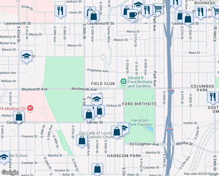 map of restaurants, bars, coffee shops, grocery stores, and more near 3322 Woolworth Avenue in Omaha
