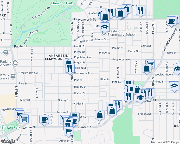 map of restaurants, bars, coffee shops, grocery stores, and more near 5636 Woolworth Avenue in Omaha