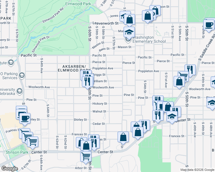 map of restaurants, bars, coffee shops, grocery stores, and more near 5636 Woolworth Avenue in Omaha