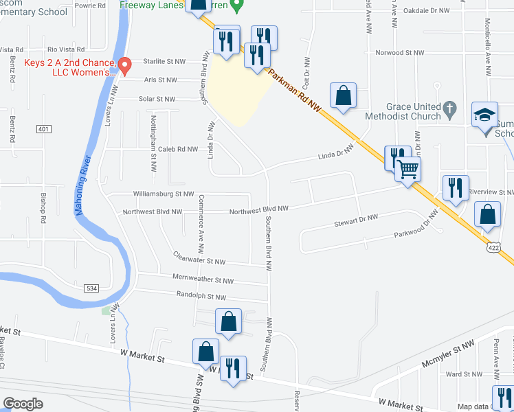 map of restaurants, bars, coffee shops, grocery stores, and more near 2734 Northwest Boulevard Northwest in Warren