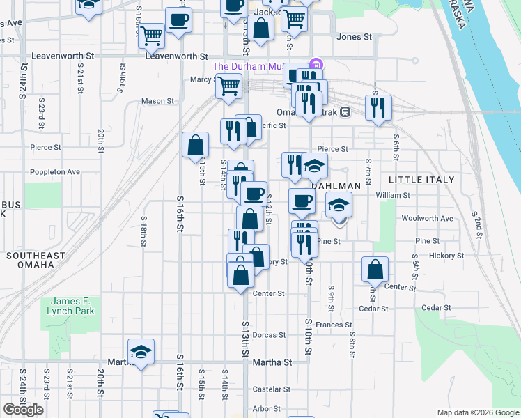 map of restaurants, bars, coffee shops, grocery stores, and more near 1211 William St in Omaha