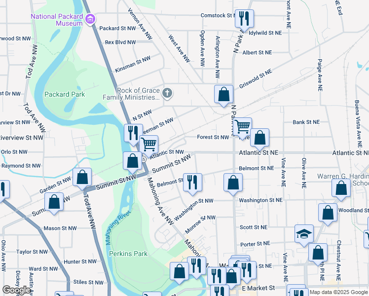 map of restaurants, bars, coffee shops, grocery stores, and more near 341 Forest Street Northwest in Warren