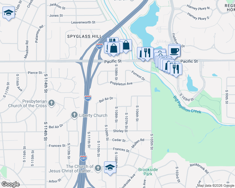 map of restaurants, bars, coffee shops, grocery stores, and more near 1425 South 108th Street in Omaha