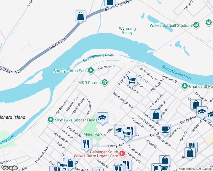map of restaurants, bars, coffee shops, grocery stores, and more near 114 Reliance Dr in Wilkes-Barre