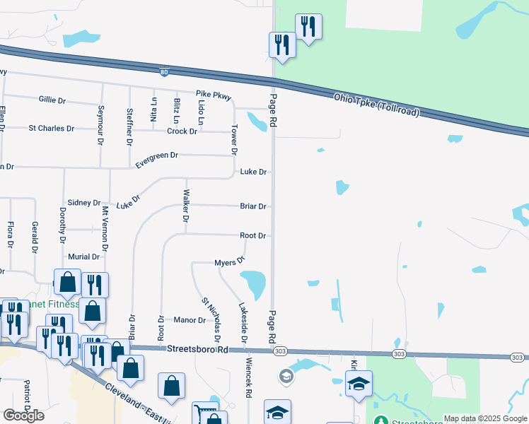 map of restaurants, bars, coffee shops, grocery stores, and more near 9351 Page Road in Streetsboro