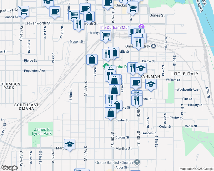 map of restaurants, bars, coffee shops, grocery stores, and more near 1317 William Street in Omaha