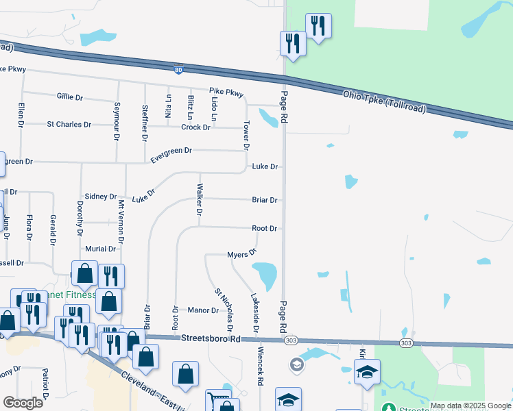 map of restaurants, bars, coffee shops, grocery stores, and more near 9450 Briar Drive in Streetsboro