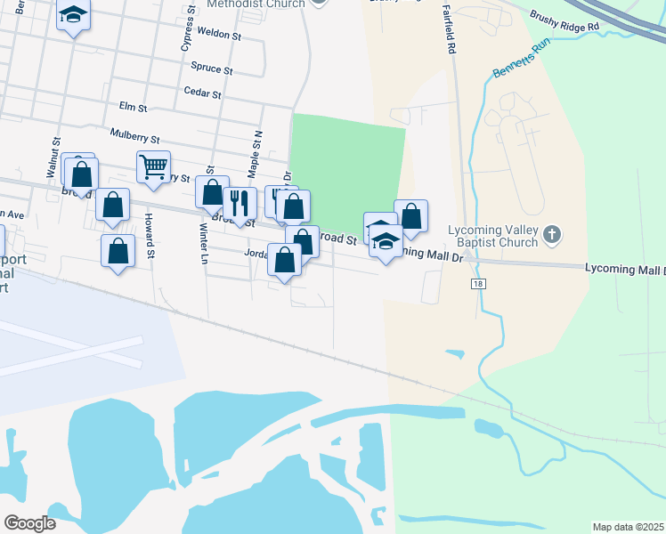 map of restaurants, bars, coffee shops, grocery stores, and more near 199 Reading Ln in Montoursville