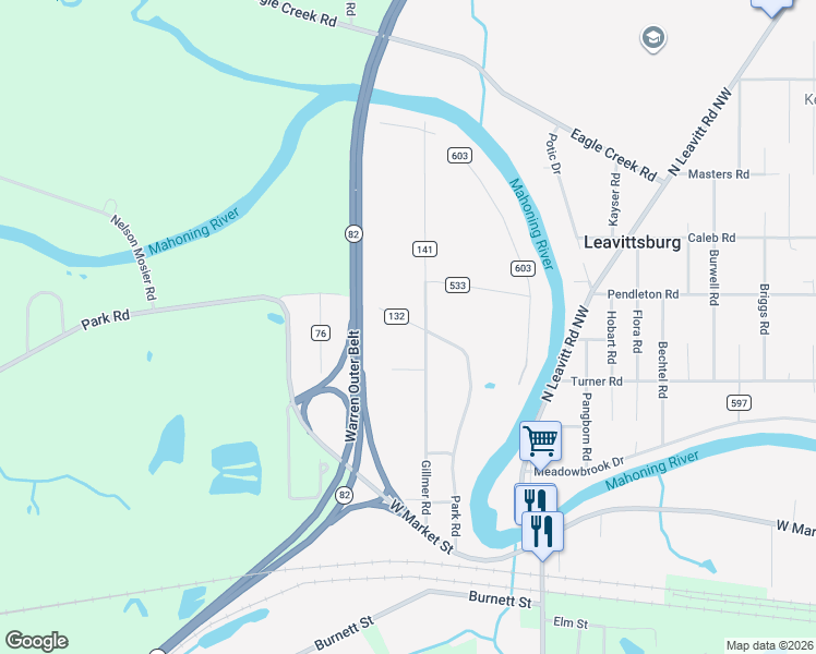 map of restaurants, bars, coffee shops, grocery stores, and more near 5431 County Highway 132 in Leavittsburg
