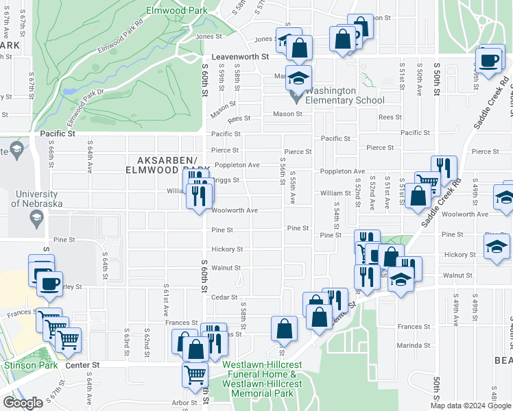 map of restaurants, bars, coffee shops, grocery stores, and more near 5636 Woolworth Avenue in Omaha