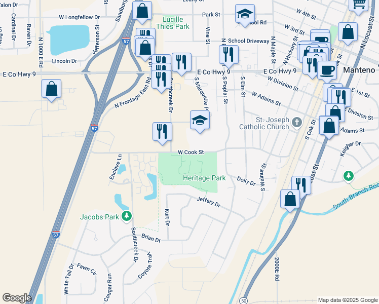 map of restaurants, bars, coffee shops, grocery stores, and more near West Cook Street in Manteno