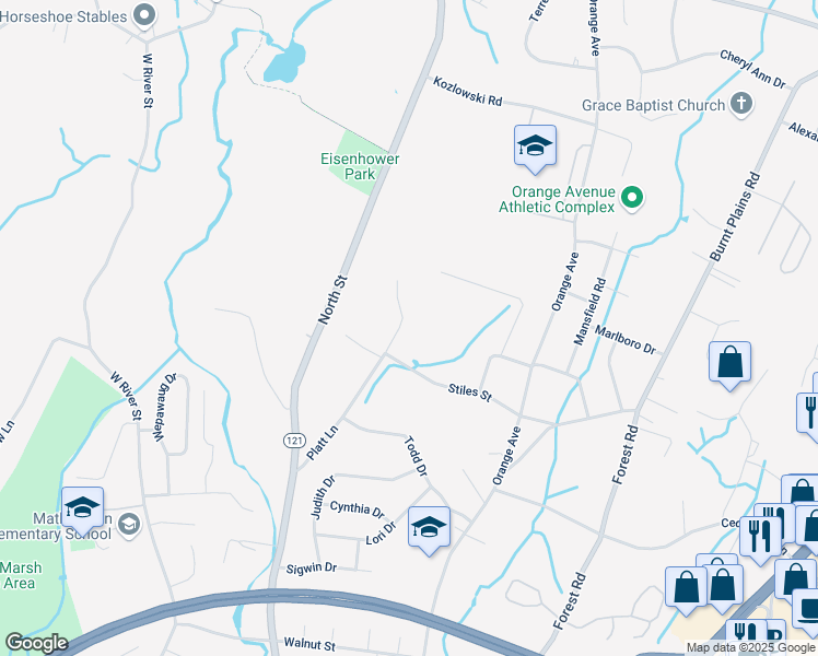 map of restaurants, bars, coffee shops, grocery stores, and more near 163 Platt Lane in Milford