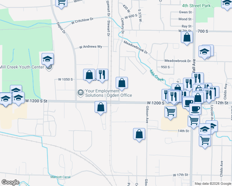 map of restaurants, bars, coffee shops, grocery stores, and more near 1145 Century Drive in Ogden