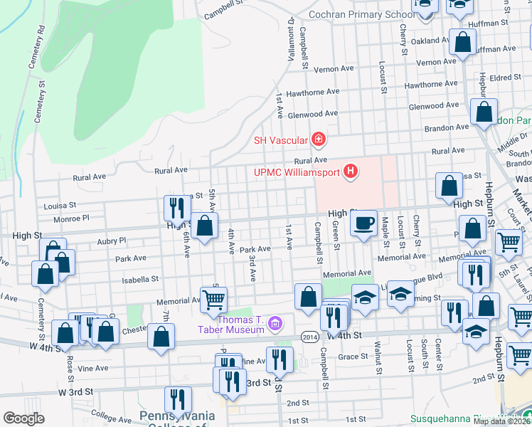 map of restaurants, bars, coffee shops, grocery stores, and more near 900 High Street in Williamsport