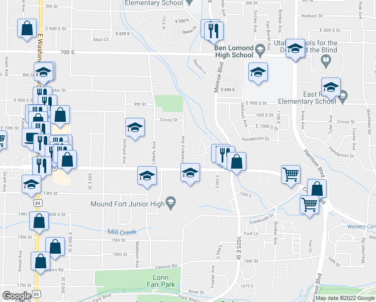 map of restaurants, bars, coffee shops, grocery stores, and more near 1114 Gramercy Avenue in Ogden
