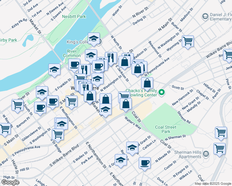 map of restaurants, bars, coffee shops, grocery stores, and more near 102 North Pennsylvania Avenue in Wilkes-Barre