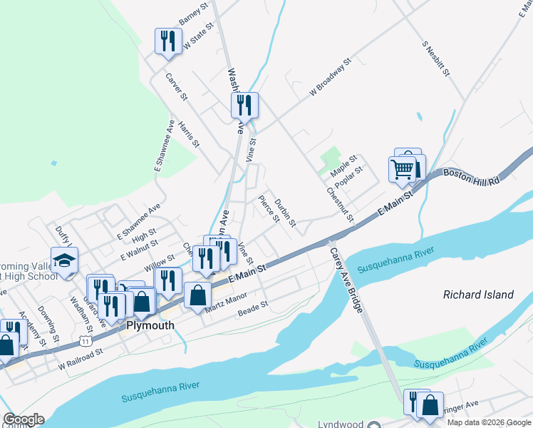 map of restaurants, bars, coffee shops, grocery stores, and more near 145 Pierce St in Plymouth
