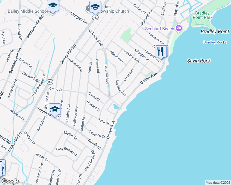 map of restaurants, bars, coffee shops, grocery stores, and more near 184 Connecticut Avenue in West Haven