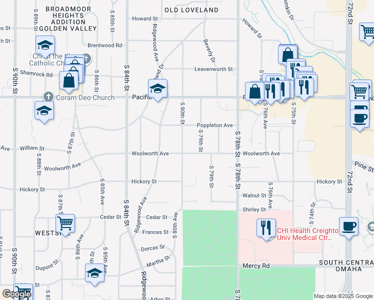 map of restaurants, bars, coffee shops, grocery stores, and more near 7998 Woolworth Avenue in Omaha