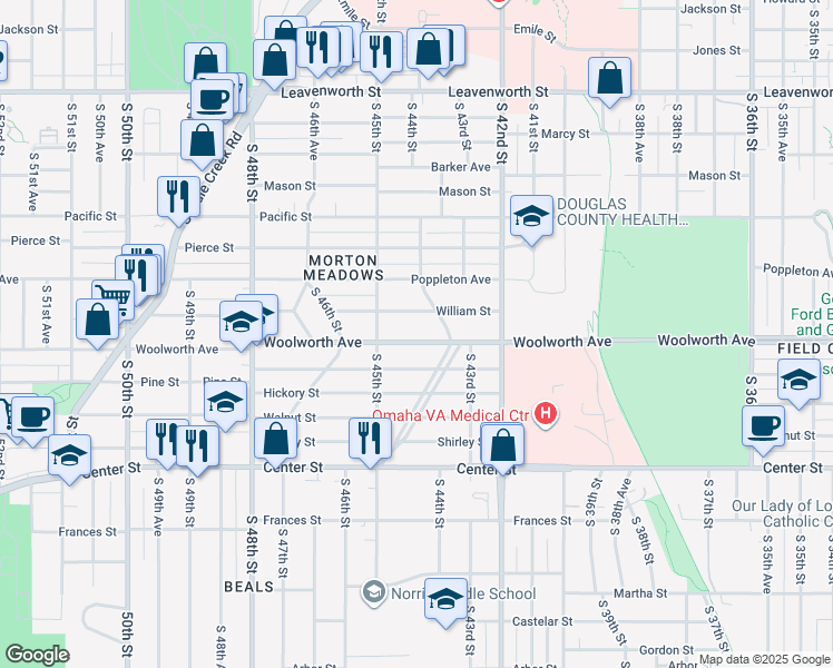 map of restaurants, bars, coffee shops, grocery stores, and more near 4428 Woolworth Avenue in Omaha
