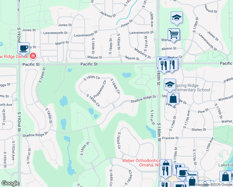 map of restaurants, bars, coffee shops, grocery stores, and more near 18401 William Circle in Omaha