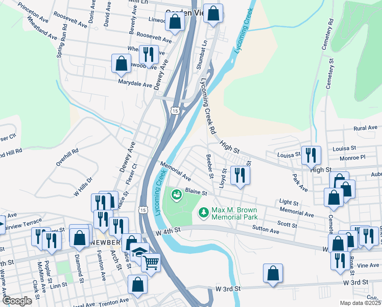 map of restaurants, bars, coffee shops, grocery stores, and more near 638 Ames Place in Williamsport