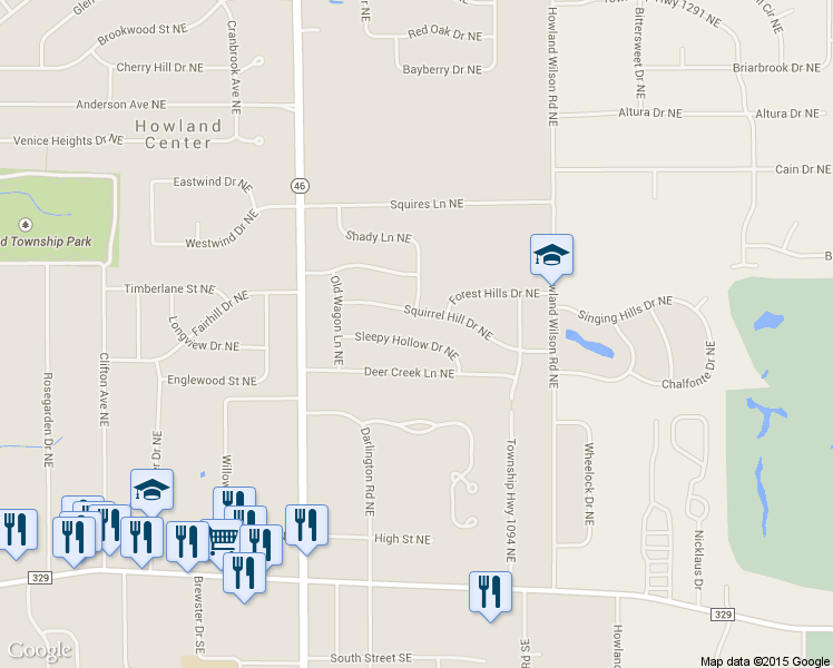 map of restaurants, bars, coffee shops, grocery stores, and more near 8531 Sleepy Hollow Drive Northeast in Warren