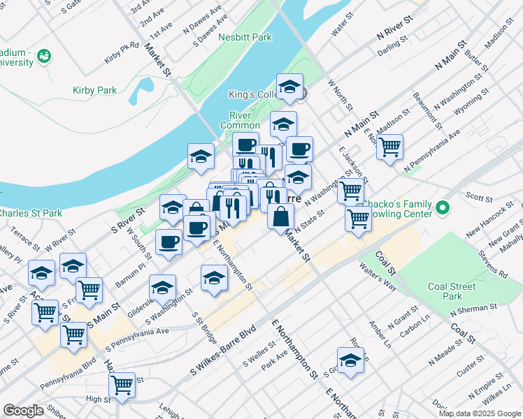 map of restaurants, bars, coffee shops, grocery stores, and more near 71 Public Square in Wilkes-Barre