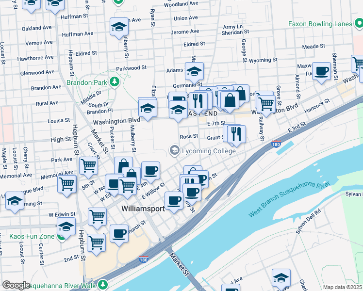 map of restaurants, bars, coffee shops, grocery stores, and more near 604 Franklin Street in Williamsport