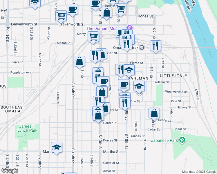 map of restaurants, bars, coffee shops, grocery stores, and more near 1211 William Street in Omaha