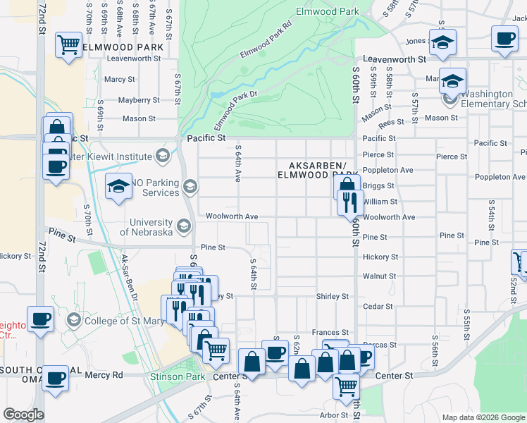map of restaurants, bars, coffee shops, grocery stores, and more near 6312 Woolworth Avenue in Omaha