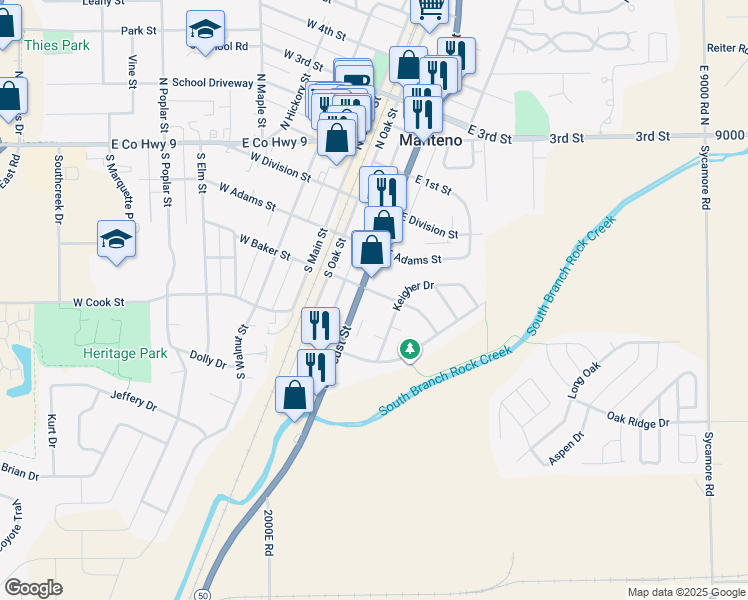 map of restaurants, bars, coffee shops, grocery stores, and more near 200 South Locust Street in Manteno