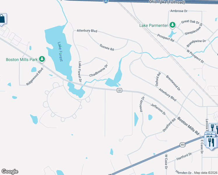 map of restaurants, bars, coffee shops, grocery stores, and more near 389 Boston Mills Road in Hudson