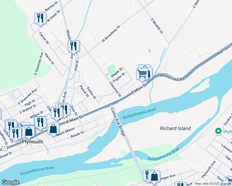 map of restaurants, bars, coffee shops, grocery stores, and more near 232 Chestnut St in Larksville